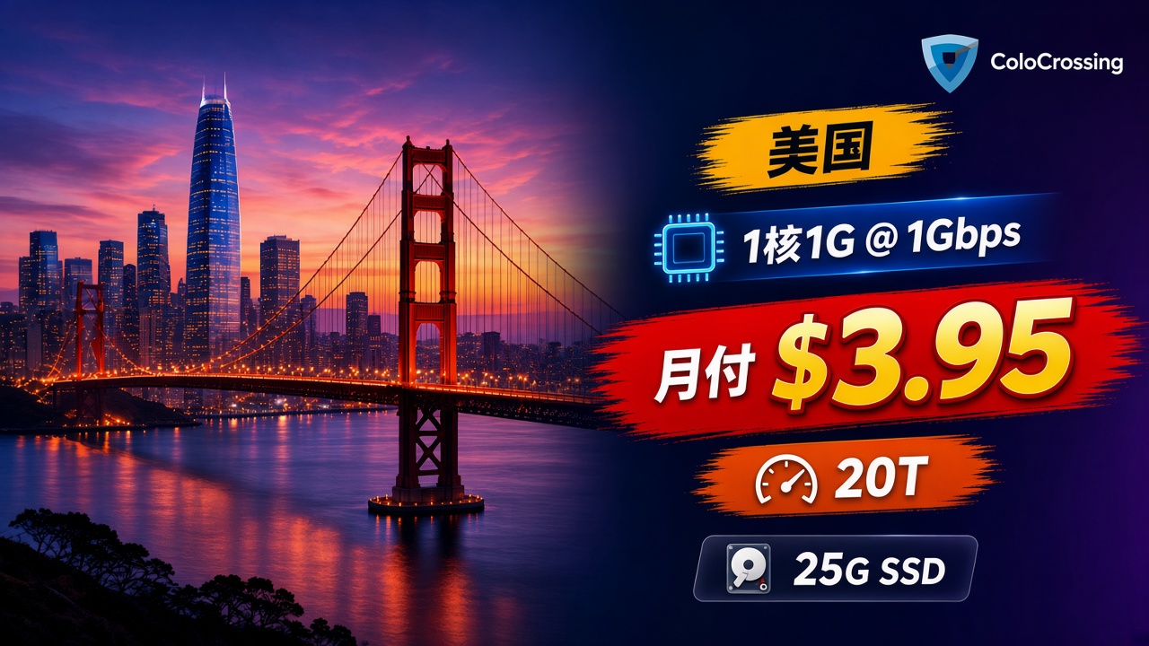 ColoCrossing美国1GB:1核1G、20T流量,月付$3.95